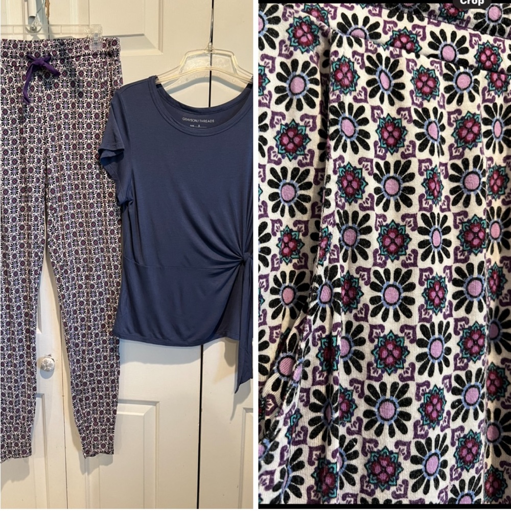 2Pc PJ Set💙💜VERA BRADLEY Print Pants & NWT   Blue, Short Sleeve, Side Tie Top